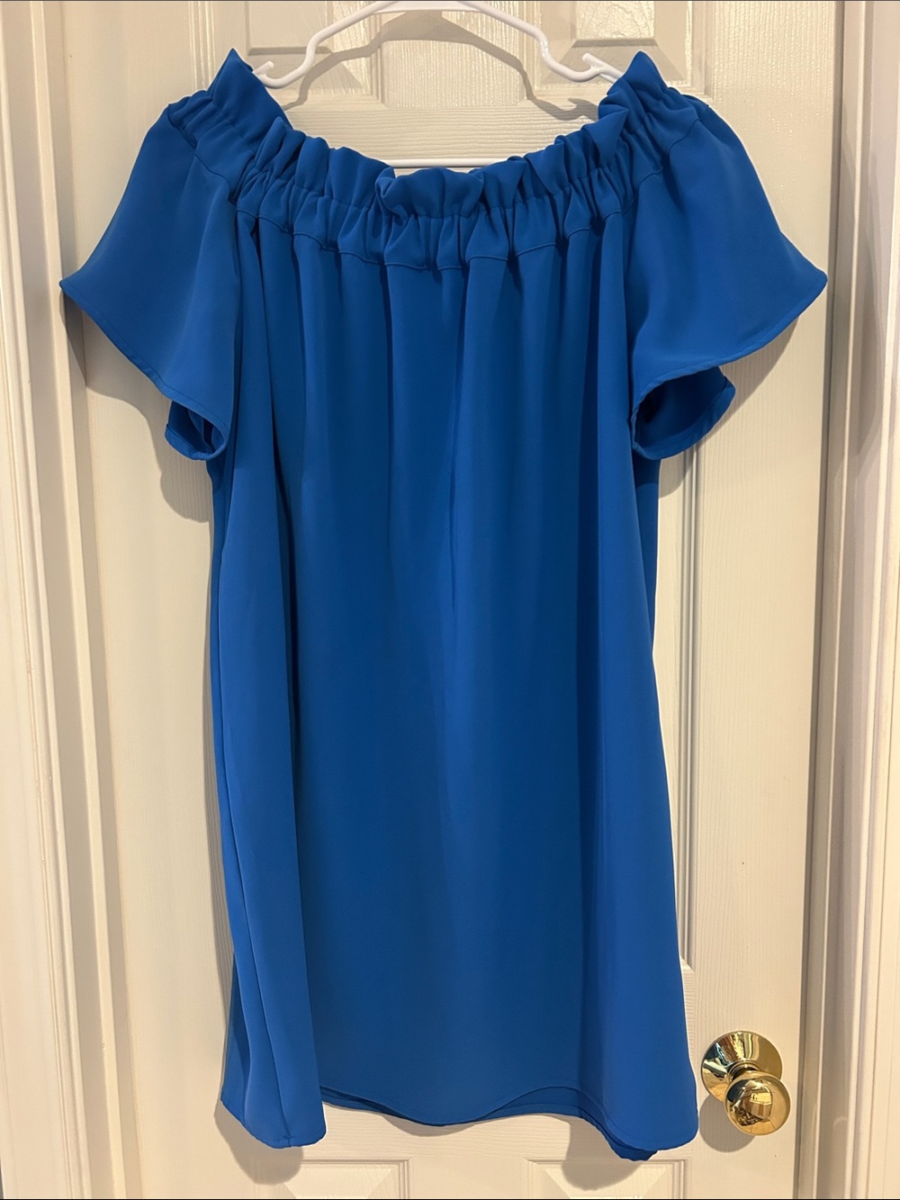 ⚜️ Pleione Beautiful Electric Blue Off-Shoulder Mini Dress with Flutter Sleeves.